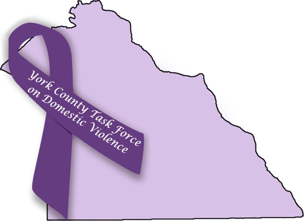 York County Task Force on Domestic Violence logo featuring the outline of York County in a light purple with a darker purple ribbon overtop